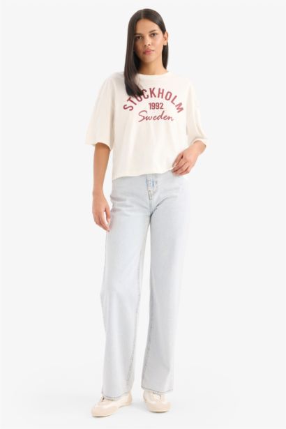 Oversıze Bisiklet Yaka Baskılı Penye Kısa Kollu Tişört