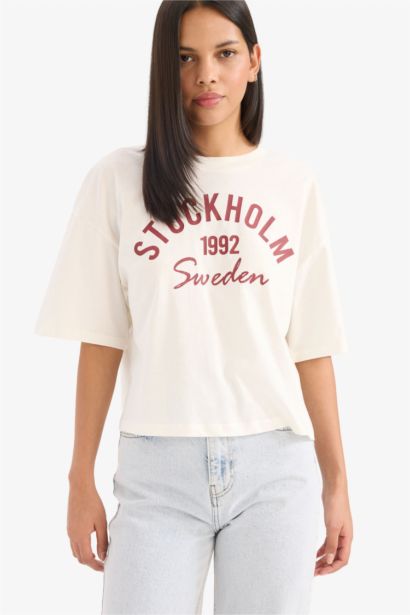 Oversıze Bisiklet Yaka Baskılı Penye Kısa Kollu Tişört