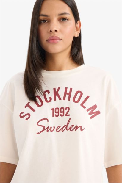 Oversıze Bisiklet Yaka Baskılı Penye Kısa Kollu Tişört