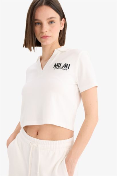 Fitted Polo Yaka Nakış Baskılı Modal Kısa Kollu Tişört