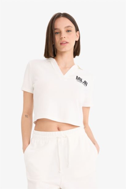 Fitted Polo Yaka Nakış Baskılı Modal Kısa Kollu Tişört