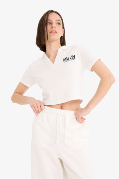 Fitted Polo Yaka Nakış Baskılı Modal Kısa Kollu Tişört