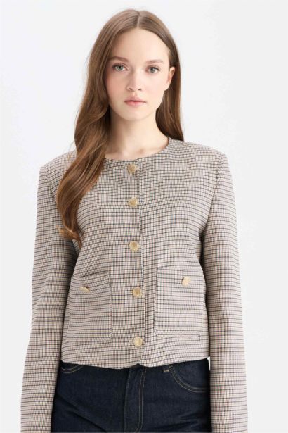 Veste Blazer à imprimé carreaux à col rond