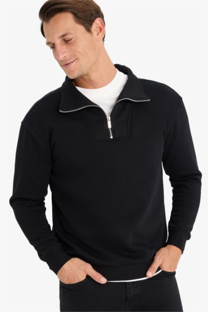 Relax Fit Dik Yaka Fermuarlı Basic Düz Kalın Sweatshirt