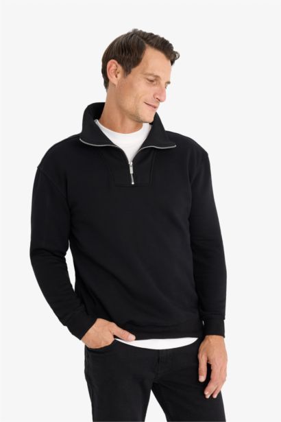 Relax Fit Dik Yaka Fermuarlı Basic Düz Kalın Sweatshirt