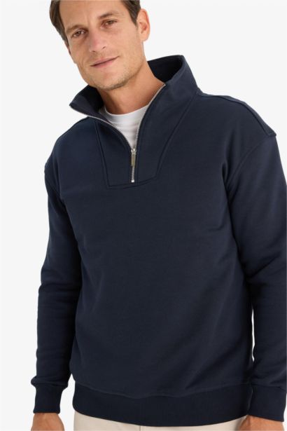 Relax Fit Dik Yaka Fermuarlı Basic Düz Kalın Sweatshirt