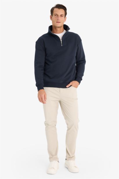 Relax Fit Dik Yaka Fermuarlı Basic Düz Kalın Sweatshirt