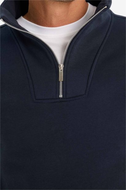 Relax Fit Dik Yaka Fermuarlı Basic Düz Kalın Sweatshirt