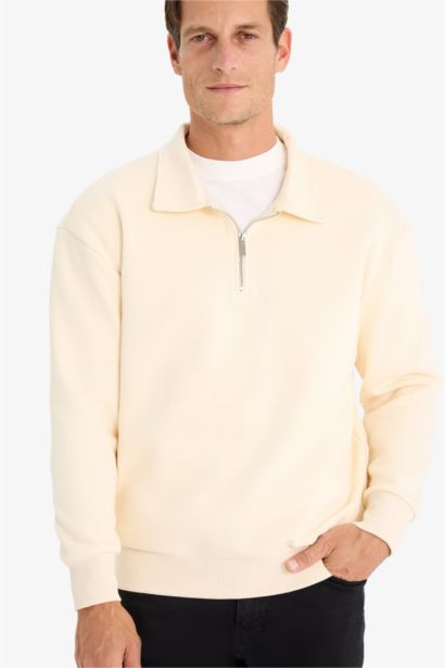 Relax Fit Polo Yaka Fermuarlı Basic Düz Kalın Sweatshirt
