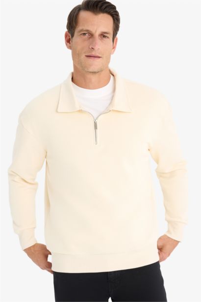 Relax Fit Polo Yaka Fermuarlı Basic Düz Kalın Sweatshirt