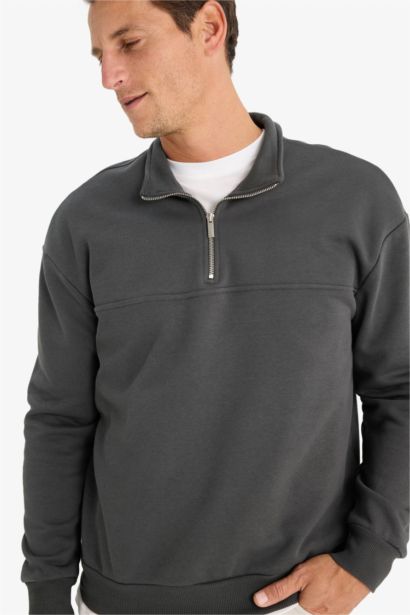 Relax Fit Dik Yaka Fermuarlı Basic Düz Kalın Sweatshirt