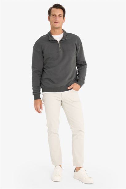 Relax Fit Dik Yaka Fermuarlı Basic Düz Kalın Sweatshirt