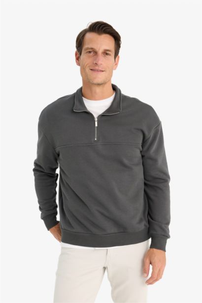Relax Fit Dik Yaka Fermuarlı Basic Düz Kalın Sweatshirt
