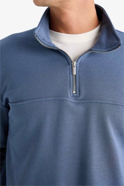 Relax Fit Stand Collar Zippered Basic Thick Sweatshirt