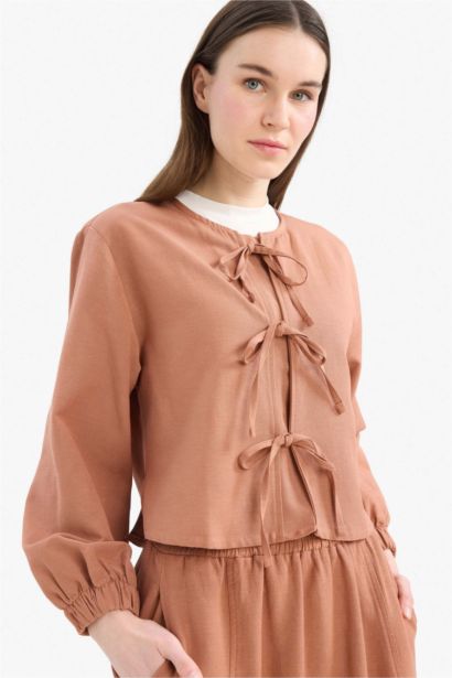 Relax Fit Önden Bağlamalı Keten Uzun Kollu Tesettür Bluz