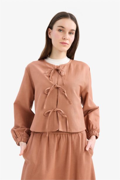 Relax Fit Önden Bağlamalı Keten Uzun Kollu Tesettür Bluz