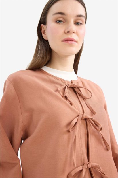 Relax Fit Önden Bağlamalı Keten Uzun Kollu Tesettür Bluz