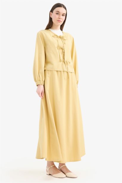 Relax Fit Önden Bağlamalı Keten Uzun Kollu Tesettür Bluz