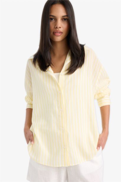 Oversize Fit Shirt Collar Voile Striped Long Sleeve Shirt