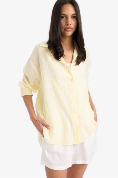 Oversize Fit Shirt Collar Voile Striped Long Sleeve Shirt