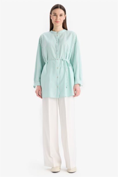 Relax Fit Çizgili Uzun Kollu Bağcıklı Tesettür Gömlek Tunik