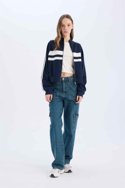 Fitted Dik Yaka Cepli Kalın Fermuarlı Sweatshirt