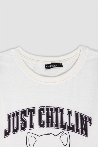 تيشيرت نص كم قصة عادية مطبوع برقبة مستديرة