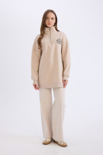 Relax Fit Yarım Fermuarlı Dik Yaka Baskılı İçi Yumuşak Tüylü Kalın  Sweatshirt Tunik