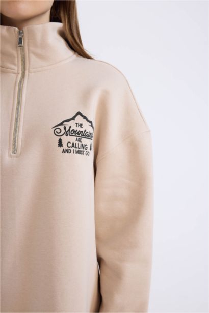 Relax Fit Yarım Fermuarlı Dik Yaka Baskılı İçi Yumuşak Tüylü Kalın  Sweatshirt Tunik