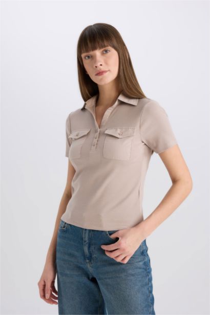 تيشيرت نص كم سليم فيت مضلع بياقة بولو