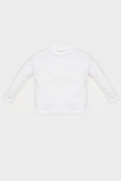 تيشيرت بيبي بناتي أبيض كم طويل قصة عادية بياقة مستديرة