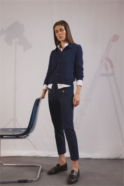 Skinny Fit Yüksek Bel Cepli Düğmeli Düz Paça Kumaş Pantolon