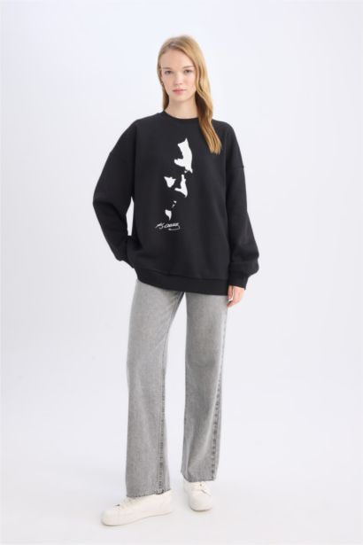 Oversize Geniş Kalıp Bisiklet Yaka Atatürk Baskılı Sweatshirt