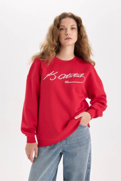 Oversize Geniş Kalıp Atatürk İmzalı Bisiklet Yaka Sweatshirt