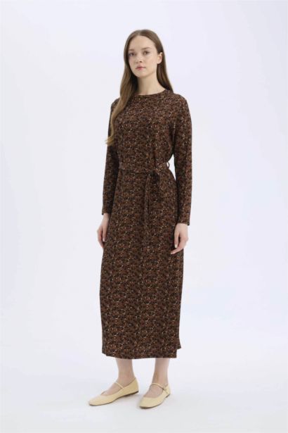 Regular Fit Crew Neck Patterned Crepe Maxi Dress