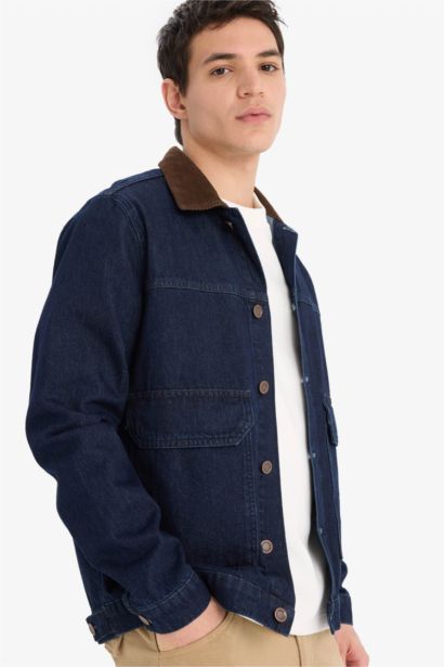 %100 Pamuk Slim Fit Dar Kesim Kontrast Yakalı Mevsimlik Baharlık Denim Ceket