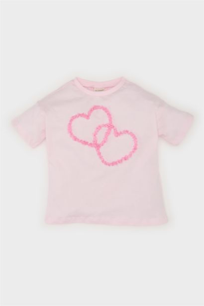 Bisiklet Yaka Kalp Desenli Kısa Kollu Tişört Kız Bebek