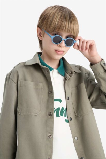 Boy Round Blue Plastic Frame Black Glass UV Sunglasses