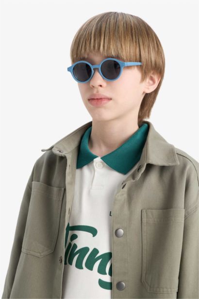 Boy Round Blue Plastic Frame Black Glass UV Sunglasses