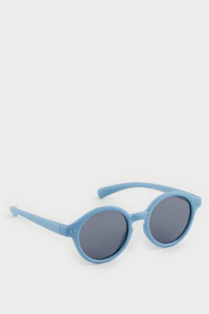 Boy Round Blue Plastic Frame Black Glass UV Sunglasses