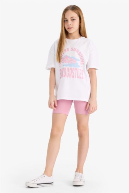 2'li Takım Baskılı Kısa Kollu Tişört Biker Tayt Kız Çocuk