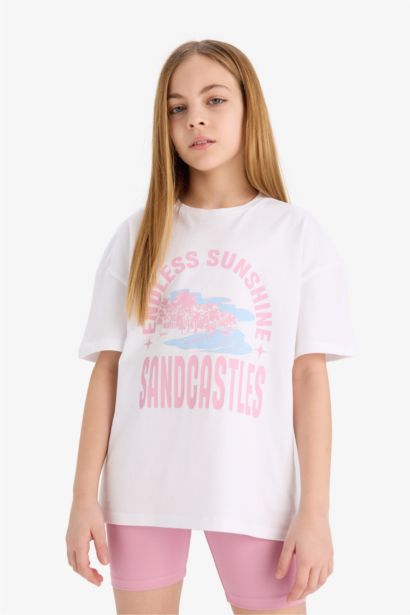 2'li Takım Baskılı Kısa Kollu Tişört Biker Tayt Kız Çocuk