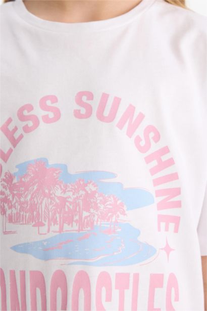 2'li Takım Baskılı Kısa Kollu Tişört Biker Tayt Kız Çocuk