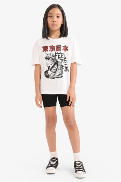 2'li Takım Baskılı Kısa Kollu Tişört Biker Tayt Kız Çocuk