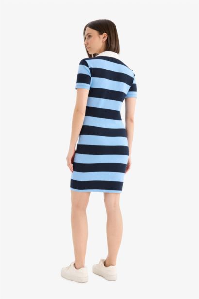 Bodycon Vücudu Saran Polo Yaka Çizgili Ribana Kısa Kollu Mini Elbise