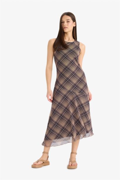Asymmetrical Boat Neck Plaid Tulle Midi Dress