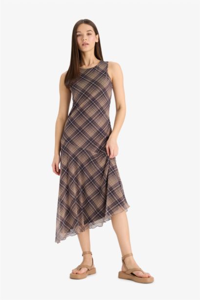 Asymmetrical Boat Neck Plaid Tulle Midi Dress