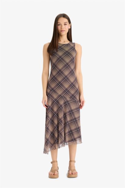 Asymmetrical Boat Neck Plaid Tulle Midi Dress