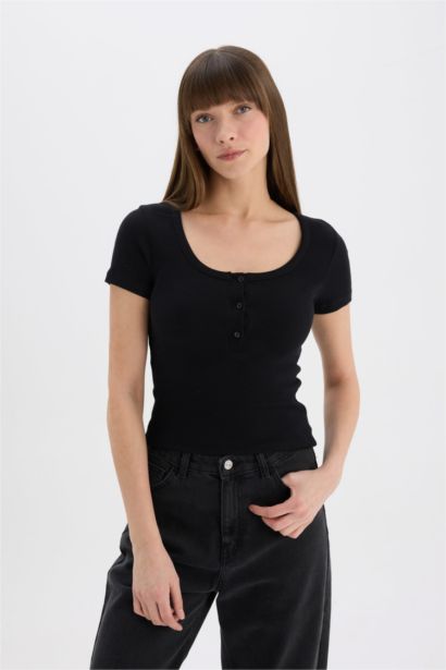 Slim Fit Dar Kesim Yuvarlak Yaka Basic Düz Fitilli Kaşkorse Kısa Kollu Siyah Tişört