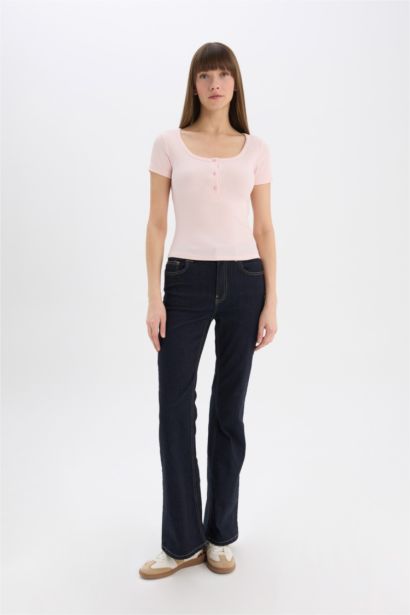 Slim Fit Dar Kesim Yuvarlak Yaka Basic Düz Fitilli Kaşkorse Kısa Kollu Tişört